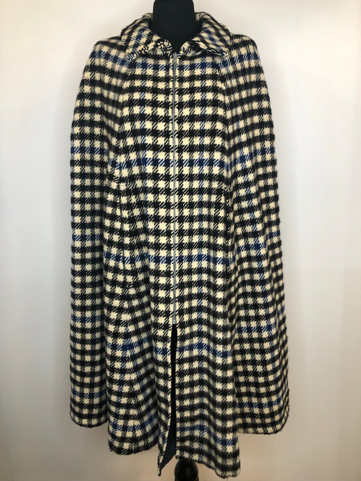 wool  womens  white  wetherall  waistcoat  vintage  S  MOD  long  gingham  full length  cape  blue  black  60s  1960s