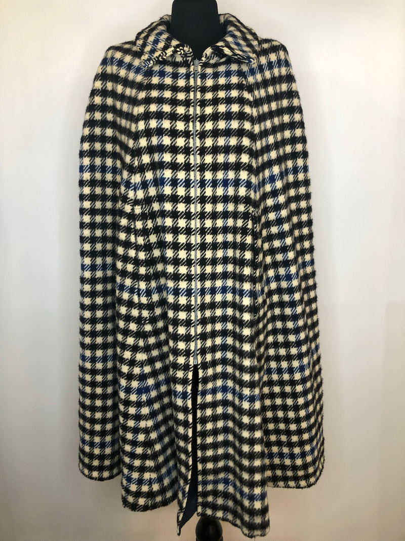 wool  womens  white  wetherall  waistcoat  vintage  S  MOD  long  gingham  full length  cape  blue  black  60s  1960s