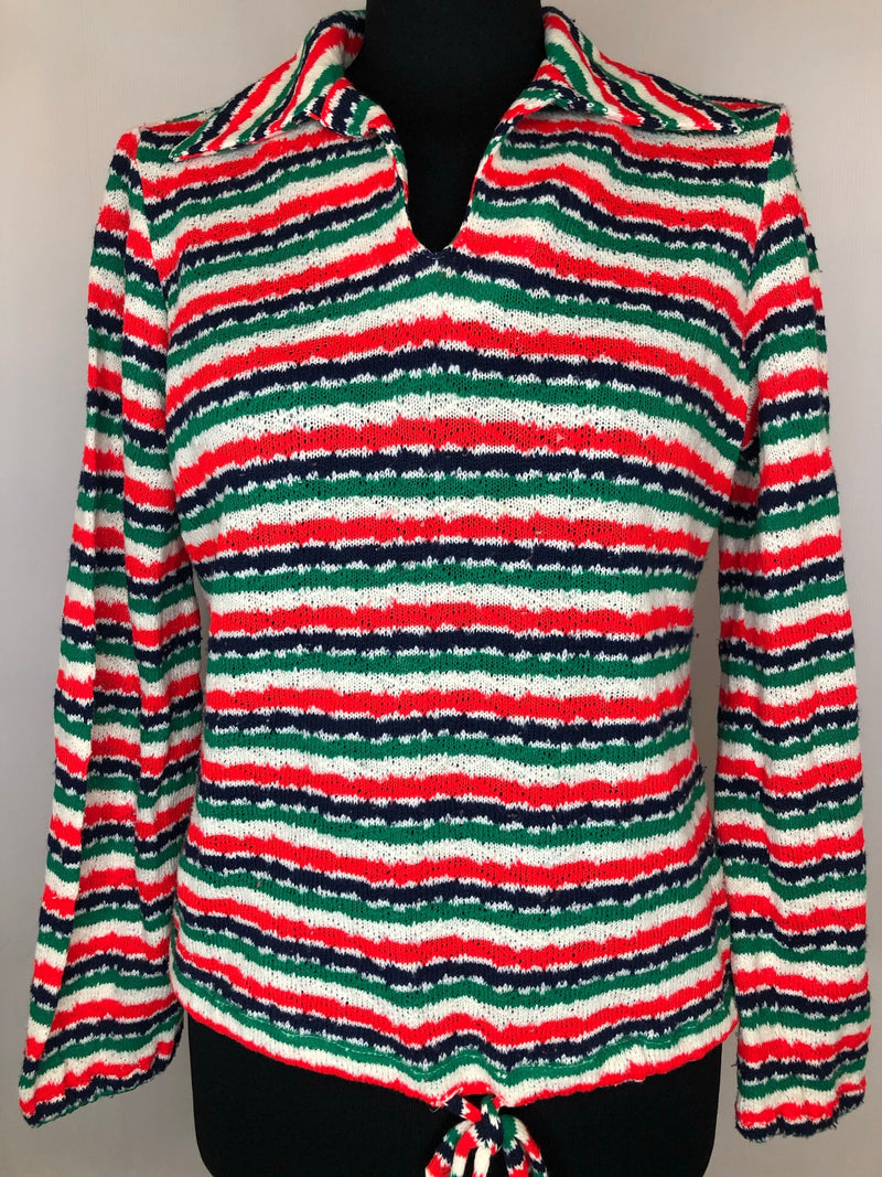 womens  white  vintage  Urban Village Vintage  tie waist  stripes  red  multi  Lightweight Knit  light knit  knitwear  knitted  knit  collar  70s  70  1970s  16