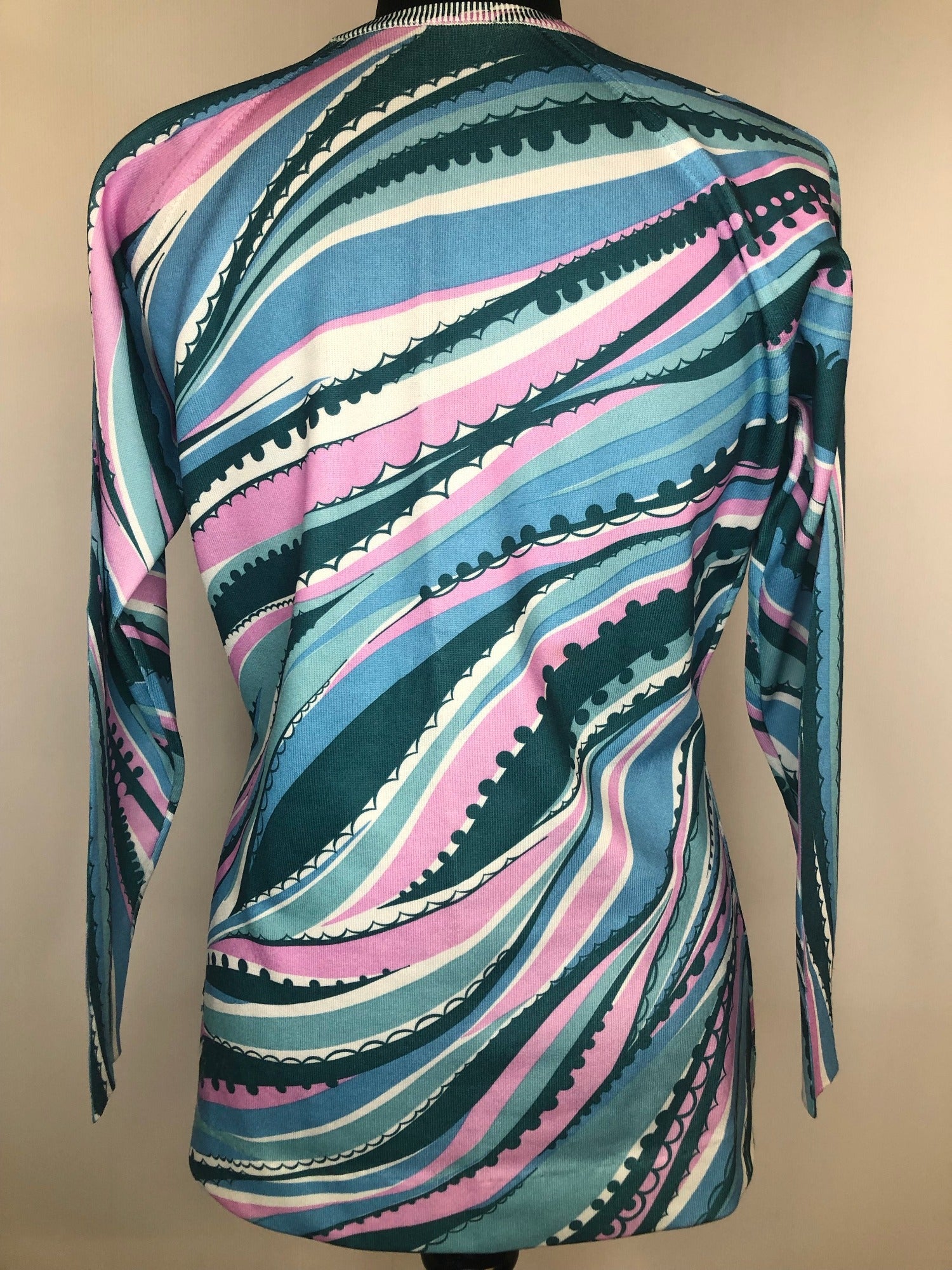 14  womens  vintage  Urban Village Vintage  top  swirl print  round neck  pink  multi  green  blue  70s  1970