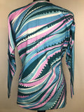 14  womens  vintage  Urban Village Vintage  top  swirl print  round neck  pink  multi  green  blue  70s  1970