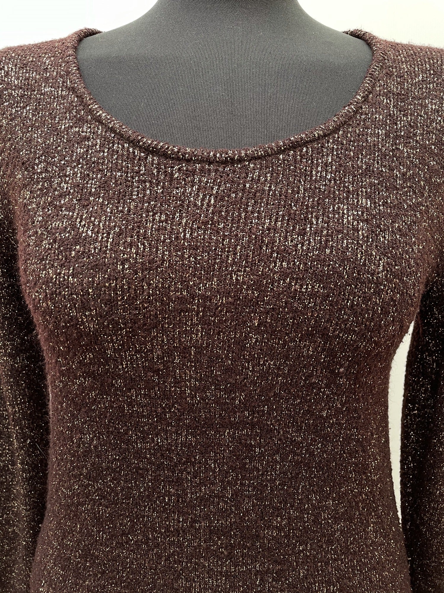 womens top  womens shirt  womens  vintage  sweater  St Michael  shimmer  round neck  retro  MOD  long sleeve  jumper  gold metallic  gold  elasticated  disco  dark brown  brown  70s  60s  1970s  1960s  12