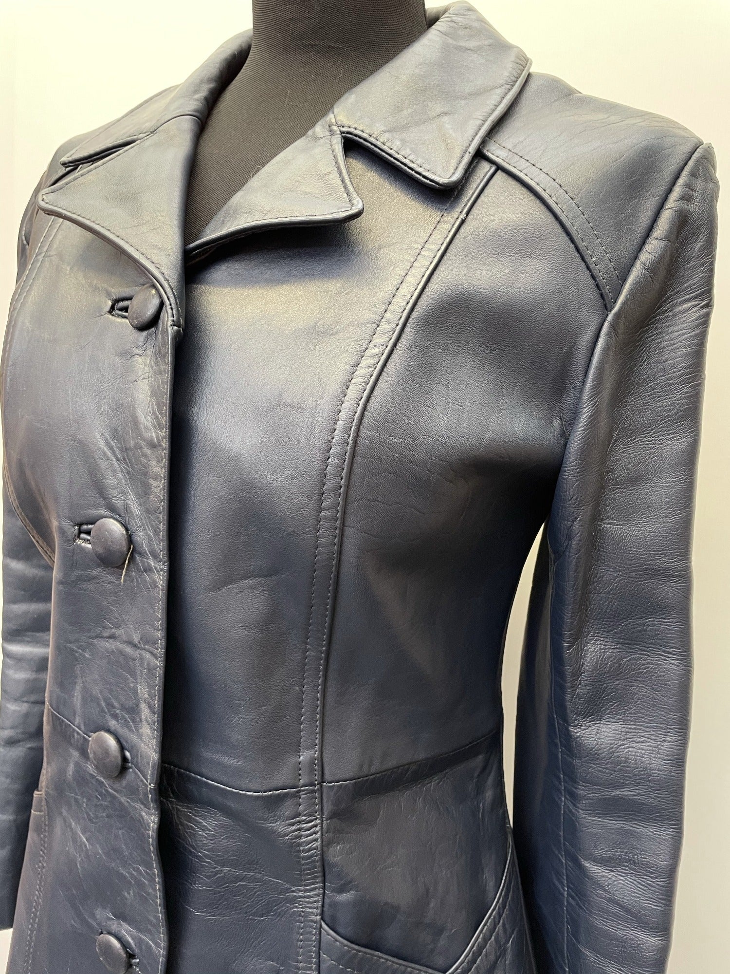 womens jacket  womens coat  womens  vintage  Urban Village Vintage  silk  retro  Navy Jacket  Navy  MOD  mens  lining  leather stitch  Leather Jacket  Leather  Jacket  button down  button  blue  70s  70  1970s  10