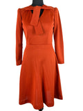 Vintage 1970s Tie Neck Long Sleeve Dress in Terracotta - Size UK 10
