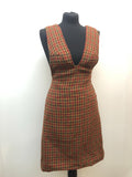 womens  vintage  v-neck dress  Urban Village Vintage  two piece  suit  set  red  patterned dress  patterned  multi  mod  matching set  Harris Tweed  handwoven  green  dress  brown  8  60s  1960s