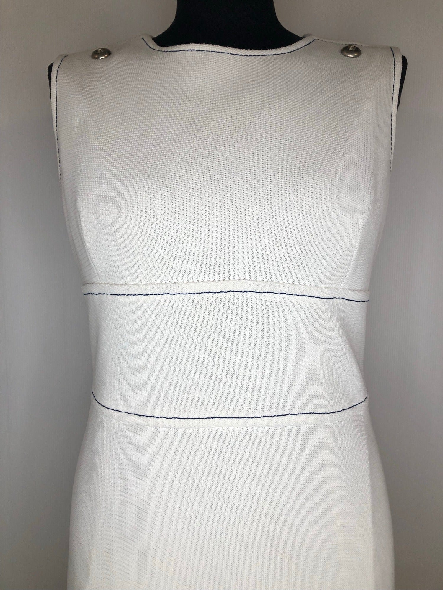 womens  white  vintage  Urban Village Vintage  urban village  MOD  knee length dress  knee length  dress  decorative buttons  blue stitch  back zip  12
