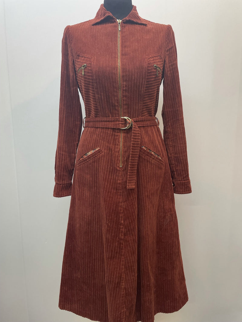zip  womens  waist belt  vintage  Stripes  rust  pockets  midi dress  midi  long sleeve  eugene record  dress  corduroy  cords  corded  cord  collared dress  collared  collar dress  collar  chest pockets  belted dress  70s  1970s  12