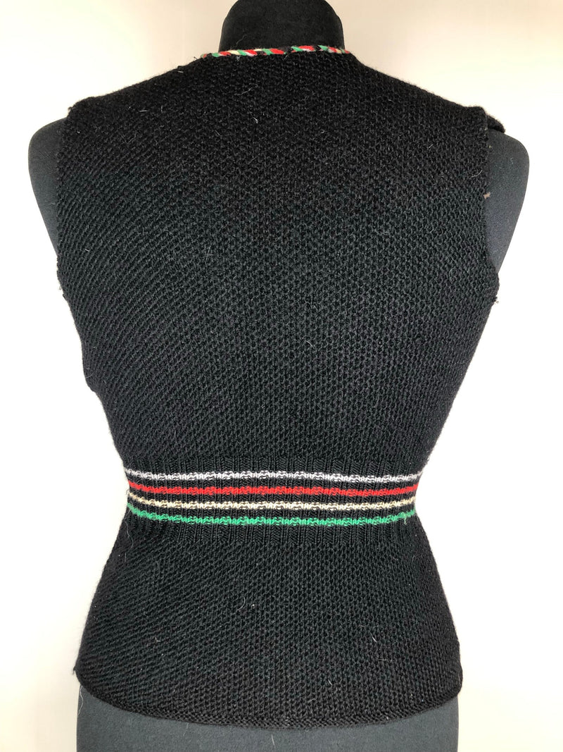 womens  waistcoat  vintage  Vest  tunic top  tunic  top  stripe detail  stitch trim  knitwear  knitted  Kintwear  clasp fastening  black  8  70s  1970s