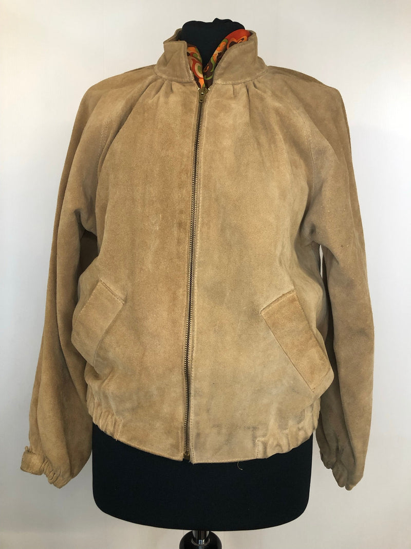 womens  vintage  Urban Village Vintage  Suede Jacket  Suede  ruched sleeve  ruched shoulders  ruched detail  lining  Jacket  cropped  collar  coat  brown  bomber  70s  70  1970s  12