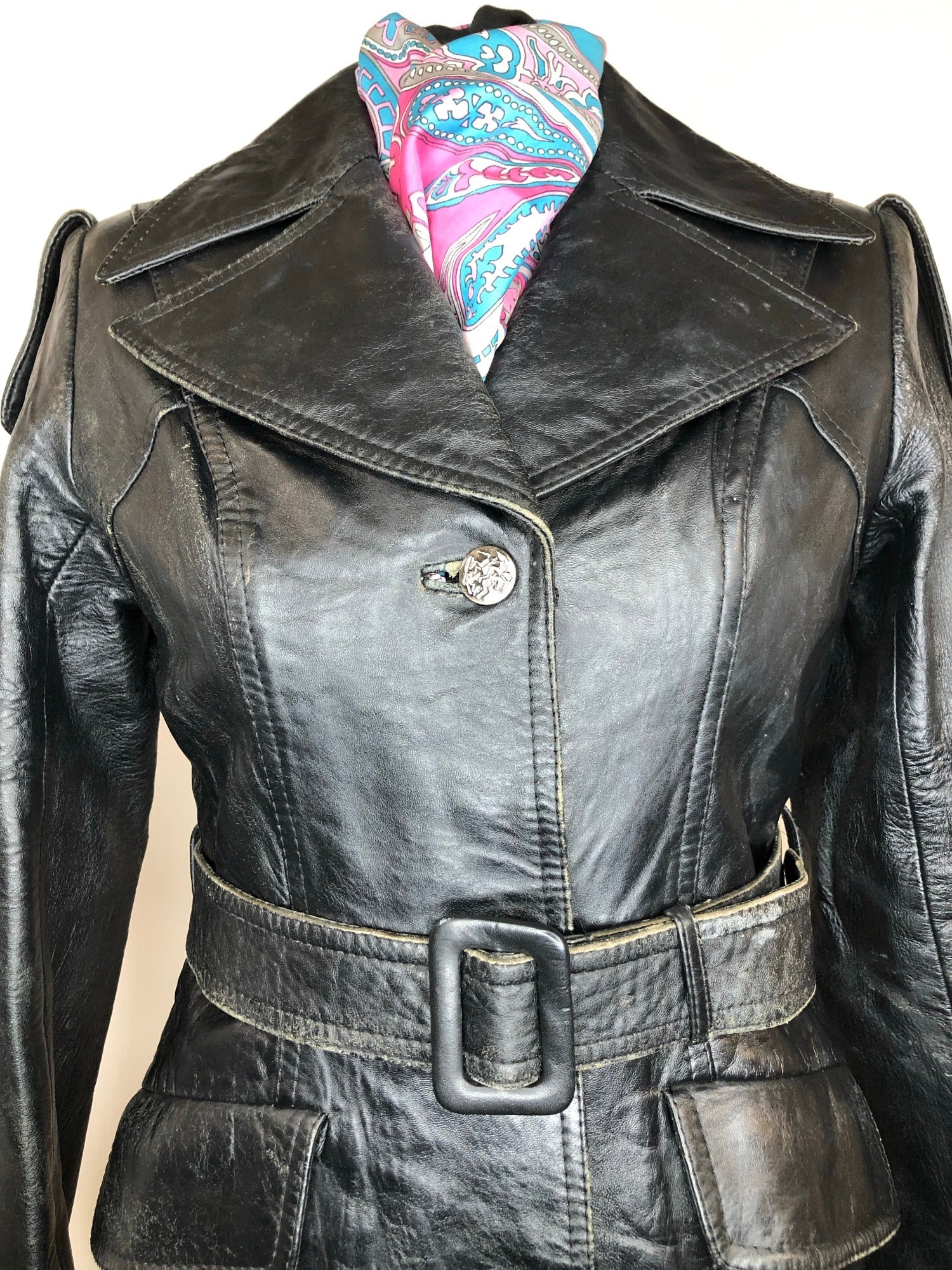 womens jacket  womens coat  womens  waist belt  vintage  Urban Village Vintage  urban village  single button  pockets  Leather Jacket  Leather  Jacket  button  black  Belted waist  belted jacket  belt  70s  70  1970s