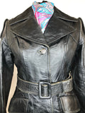 womens jacket  womens coat  womens  waist belt  vintage  Urban Village Vintage  urban village  single button  pockets  Leather Jacket  Leather  Jacket  button  black  Belted waist  belted jacket  belt  70s  70  1970s
