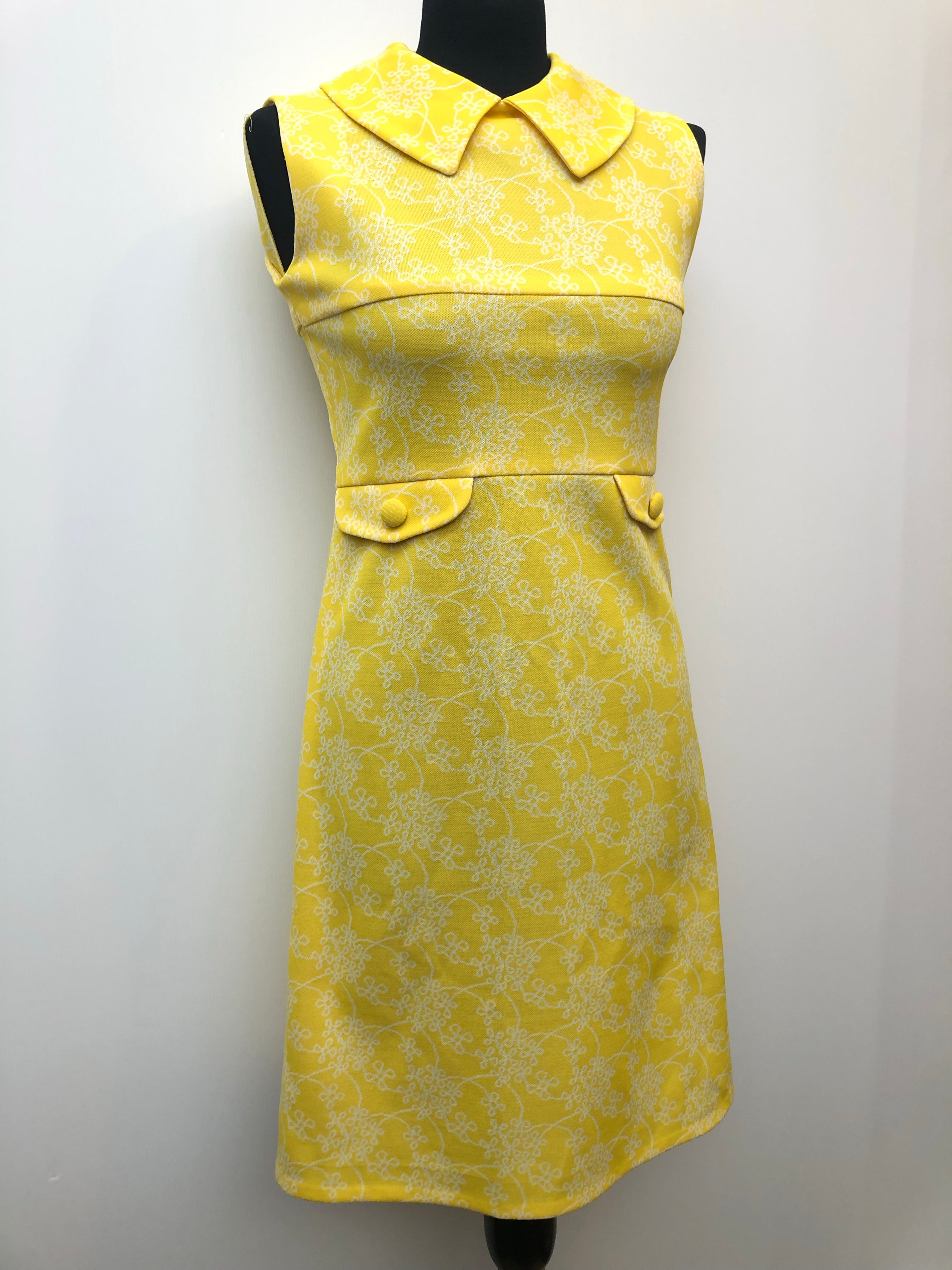 yellow  womens  vintage  Urban Village Vintage  sleevless  retro  pockets  pencil dress  patterned  MOD  floral  dress  back zip  8  60s  1960s