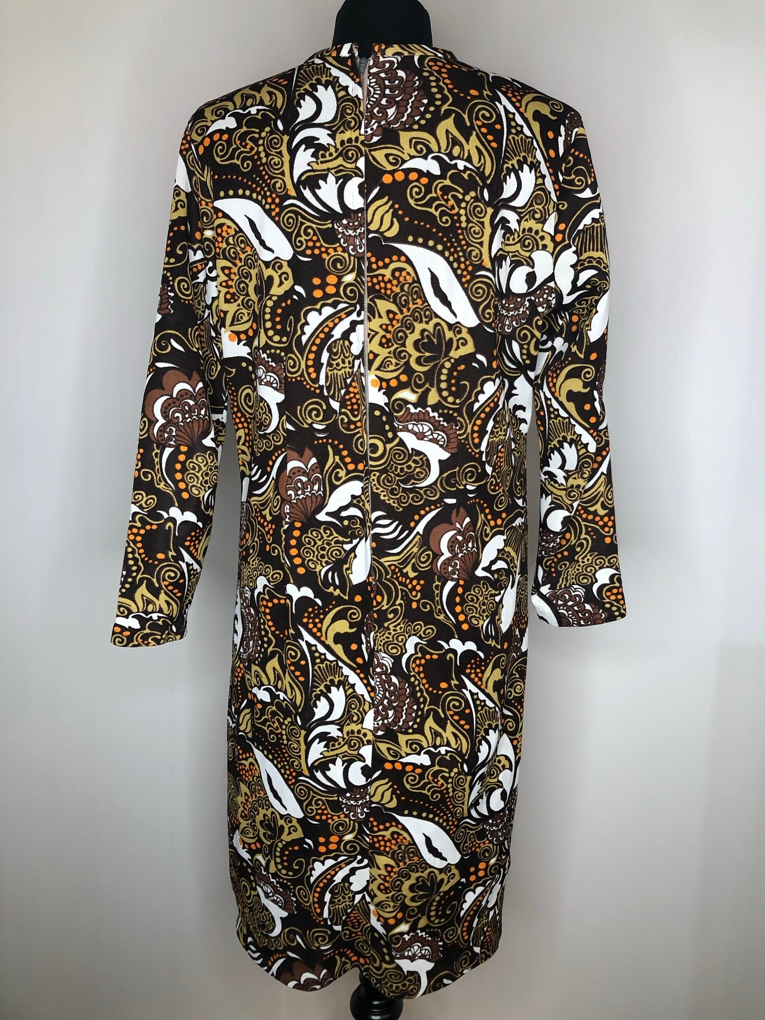 womens  vintage  Urban Village Vintage  Turquoise  round neck  psychedelic  psychdelic  psych  print dress  MOD  floral print  floral dress  dress  brown  back zip  60s  1960s  16
