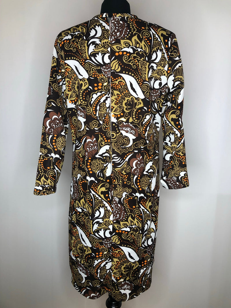 womens  vintage  Urban Village Vintage  Turquoise  round neck  psychedelic  psychdelic  psych  print dress  MOD  floral print  floral dress  dress  brown  back zip  60s  1960s  16