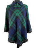 Vintage 1970s Tartan Check Collared Poncho in Green and Black by Stone House - Size S
