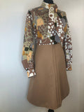 zip  womens  vintage  Urban Village Vintage  urban village  pussy bow  multi  MOD  long sleeve  lined  dress  collared dress  brown  balloon sleeves  balloon sleeve  balloon  back zip  60s  1960s  14