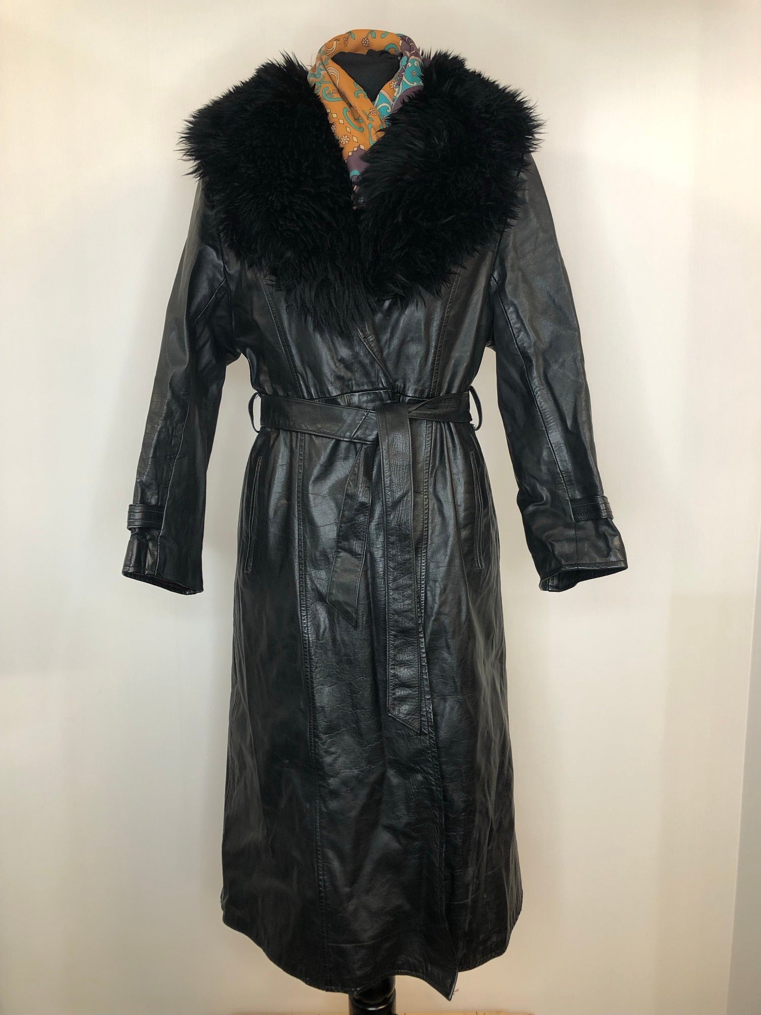 womens jacket  womens coat  womens  waist belt  vintage  Urban Village Vintage  urban village  trench coat  pockets  pleat back  long length  Leather Jacket  Leather  Jacket  button  black  Belted waist  belted jacket  belt  70s  70  1970s  12