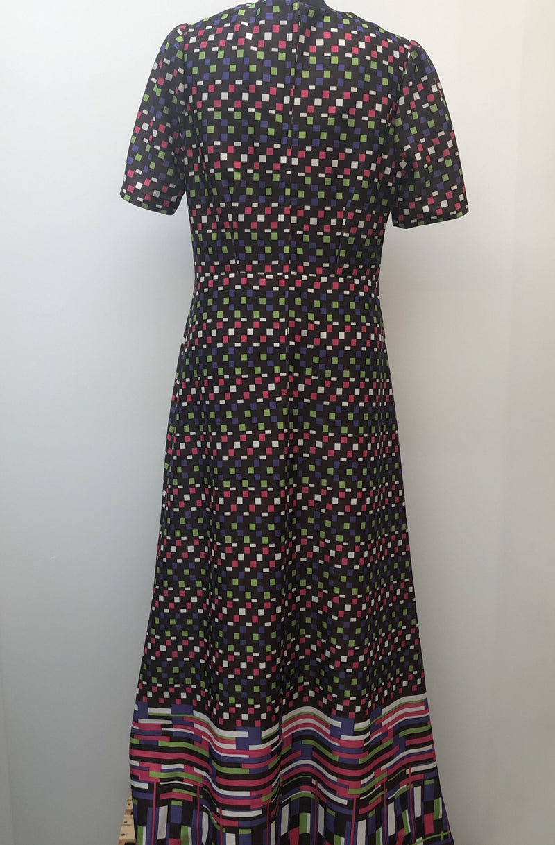womens  vintage  v-neck  Urban Village Vintage  square print  multi  maxi dress  maxi  long dress  dress  brown  70s  1970s  12