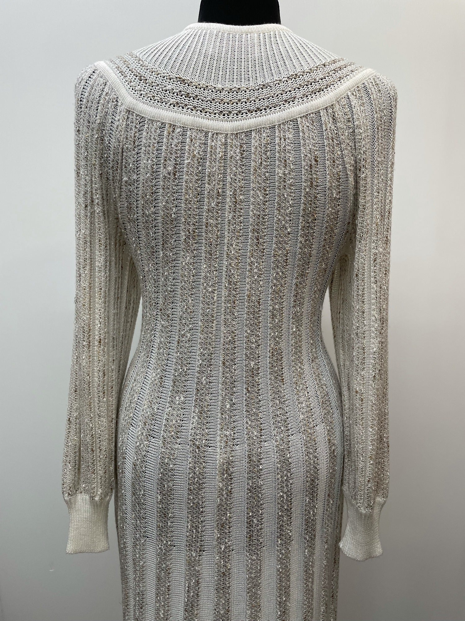 womens  white  vintage  Urban Village Vintage  urban village  tricoville  stretch fabric  sheer  semi sheer  patterned dress  patterned  maxi dress  maxi  long sleeve  light knit  knitwear  knitted  knit dress  knit  elasticated  dress  button up  button  8  70s  1970s