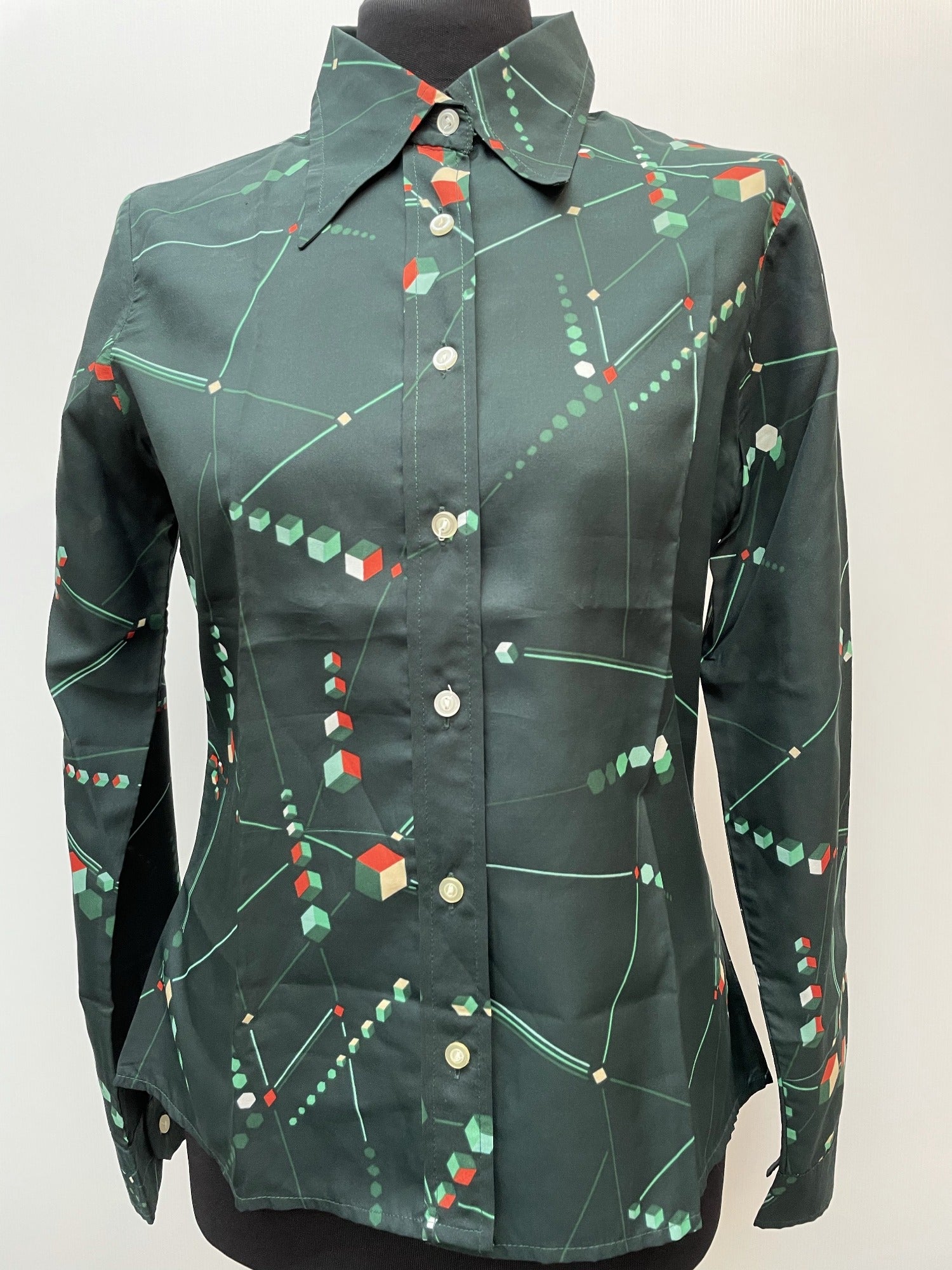 womens shirt  womens  vintage  Urban Village Vintage  urban village  spurs  shirt dress  Shirt  retro  long sleeve  Green  geometric  evening blouse  disco  decorative buttons  dagger collar  crop shirt  collared dress  collar  button down  button  blouse  big collar  70s  70  60s  1970s  1960s  12