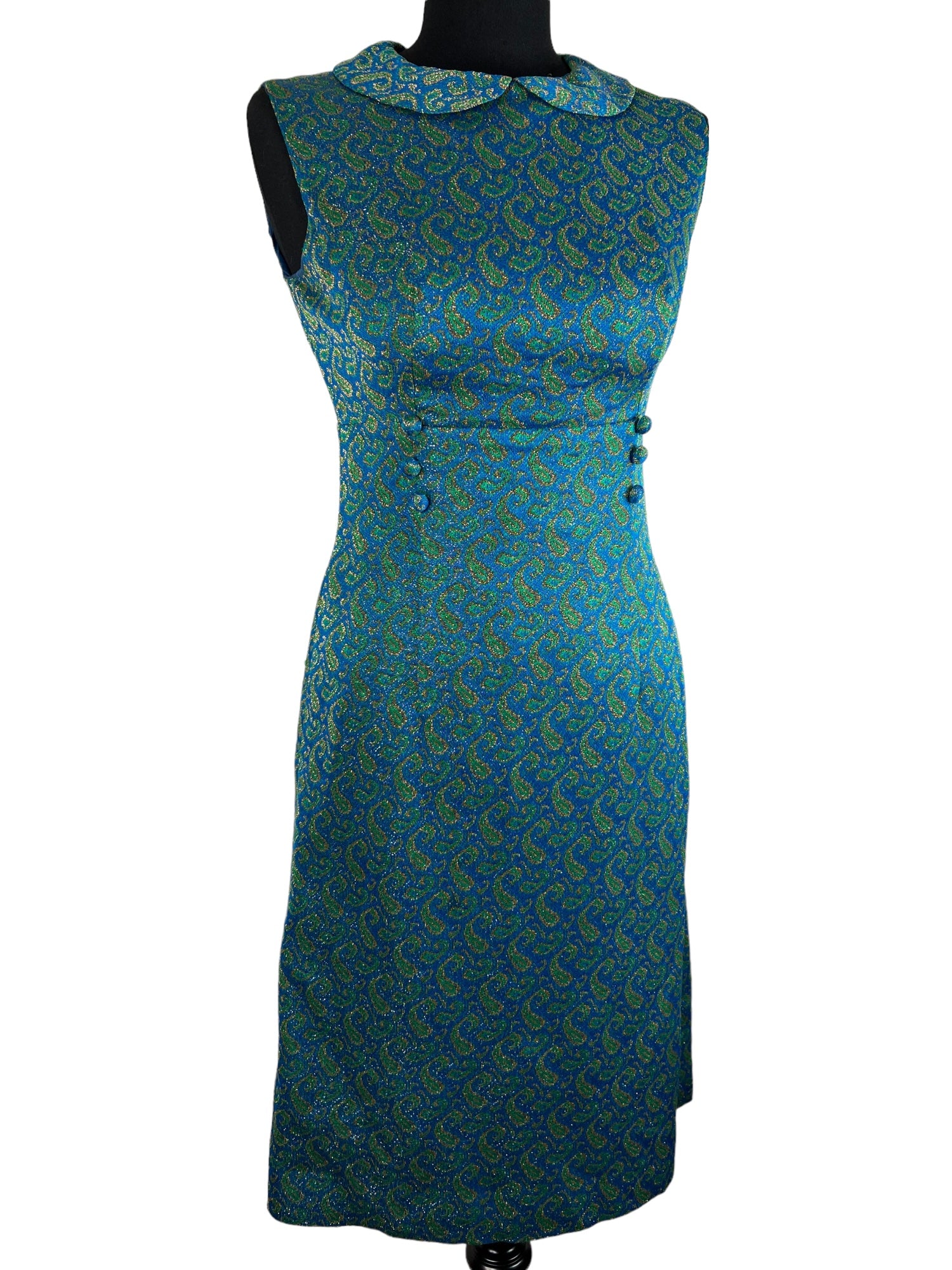 zero waste  womens  vintage  UK  thrifted  thrift  sustainable  style  store  sparkly  slow fashion  sleeveless  shop  shimmer  shift dress  shift  second hand  save the planet  reuse  retro  recycled  recycle  recycable  preloved  penny collar  party  paisley style print  online  new year  modette  MOD  lurex  ladies  green  gold metallic  gold  glitter  fashion  evening dress  evening  ethical  Eco friendly  Eco  dress  concious fashion  clothing  clothes  christmas  Blue  birmingham  above the knee  10