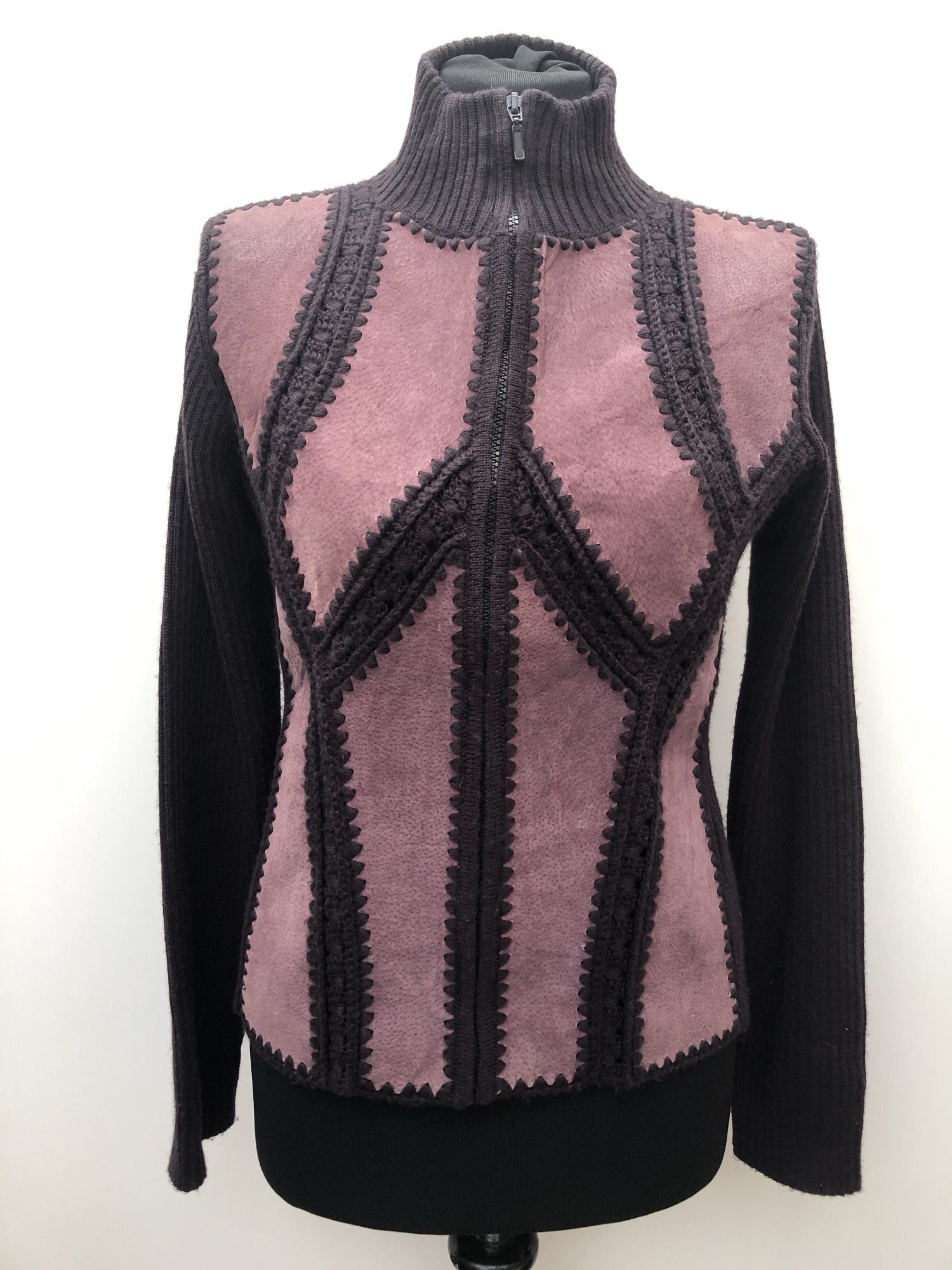 womens  vintage  Urban Village Vintage  Suede  purple  patchwork  knitted  jacket  Hepburn  deep purple  collar  cardigan  cardi  70  1970s  10