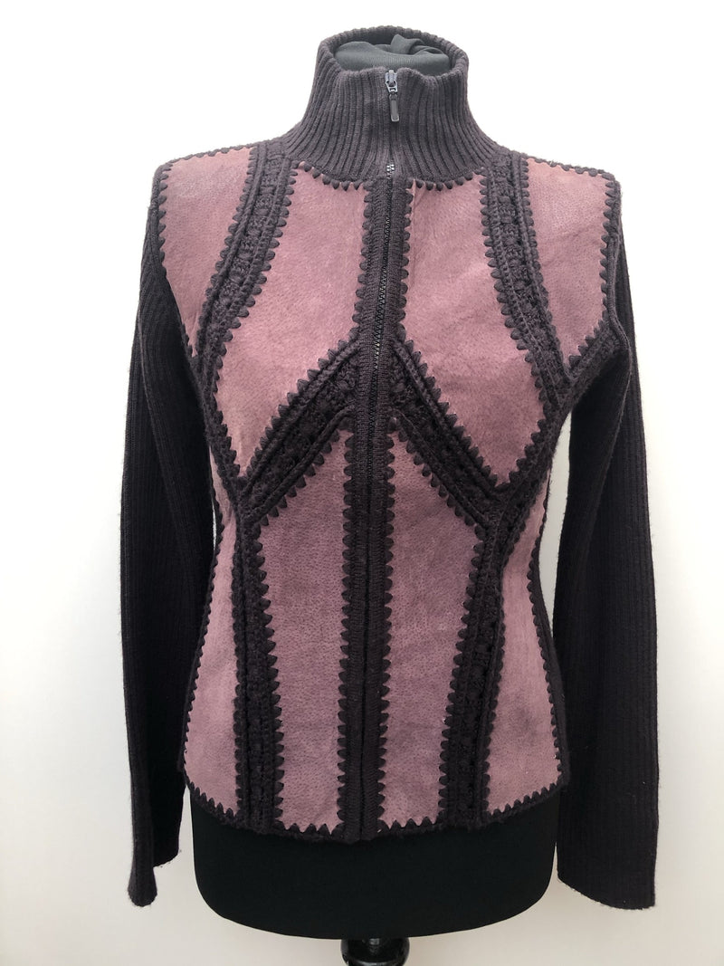 womens  vintage  Urban Village Vintage  Suede  purple  patchwork  knitted  jacket  Hepburn  deep purple  collar  cardigan  cardi  70  1970s  10