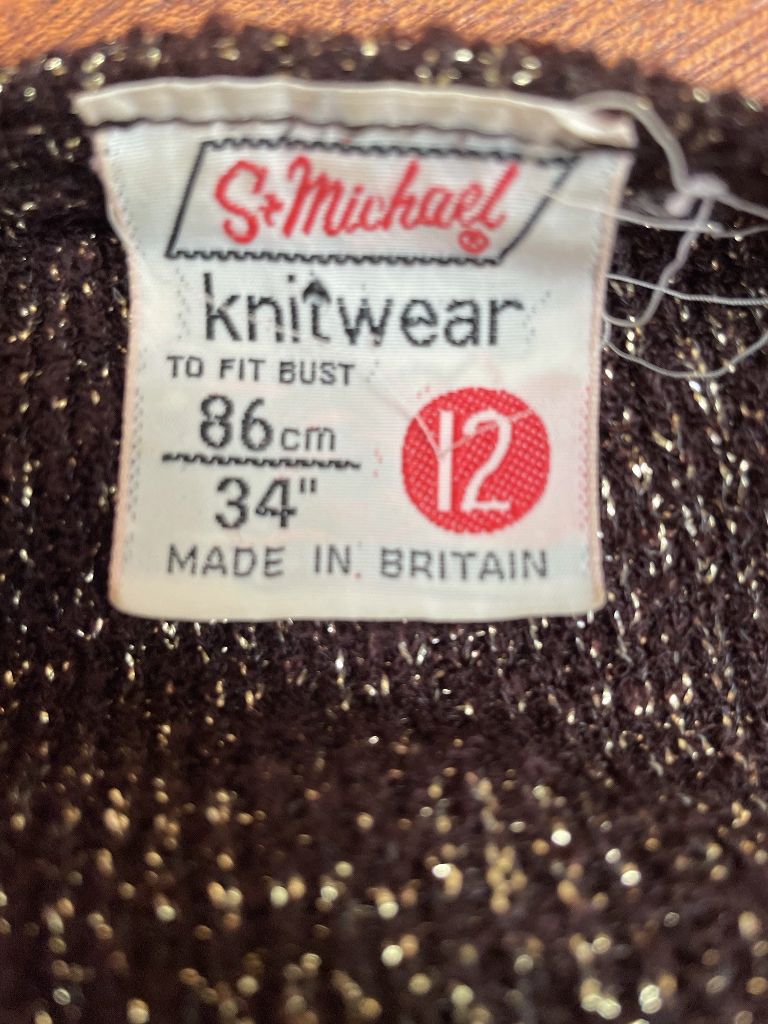 womens top  womens shirt  womens  vintage  sweater  St Michael  shimmer  round neck  retro  MOD  long sleeve  jumper  gold metallic  gold  elasticated  disco  dark brown  brown  70s  60s  1970s  1960s  12