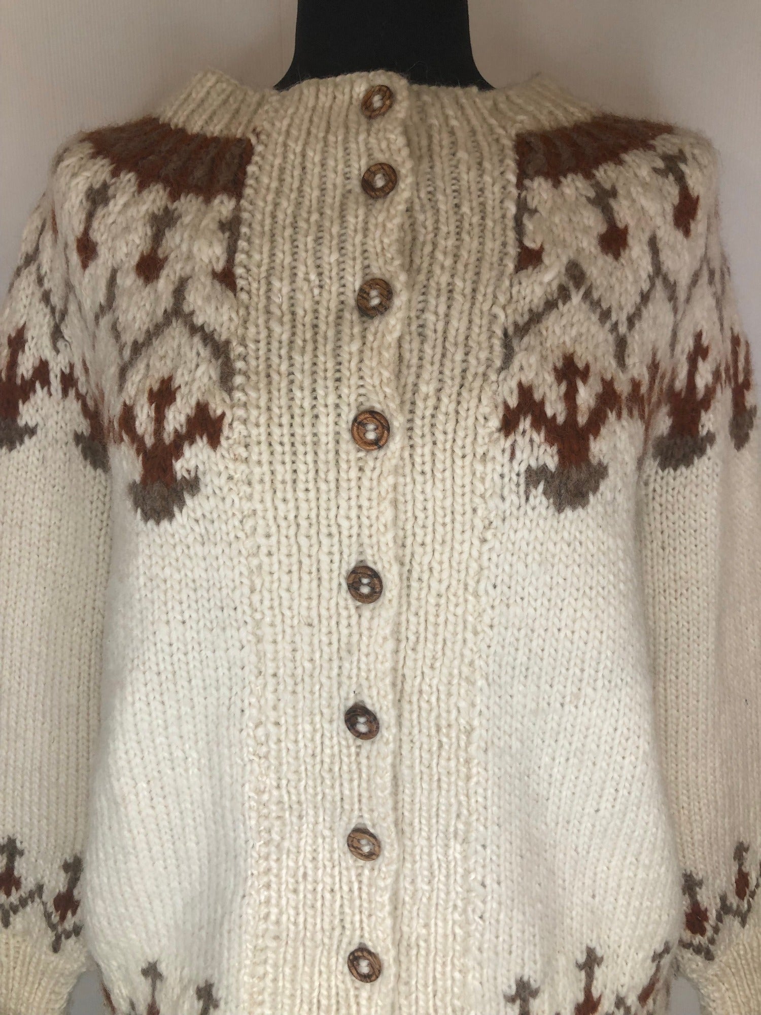 Wool Blend  wool  womens  vintage  Urban Village Vintage  urban village  round neck  patterned  pattern  long sleeves  Long sleeved top  long sleeve  knitwear  knitted  knit  Jacket  fairisle  cream  button down  brown  60s  1960s  12