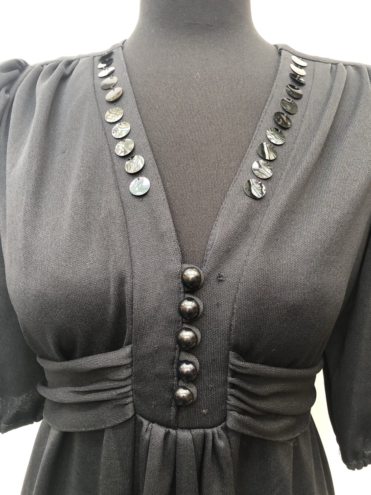 womens  vintage  Urban Village Vintage  puff sleeves  maxi dress  maxi  large sequin  evening dress  dress  button front  black  70s  1970s  12