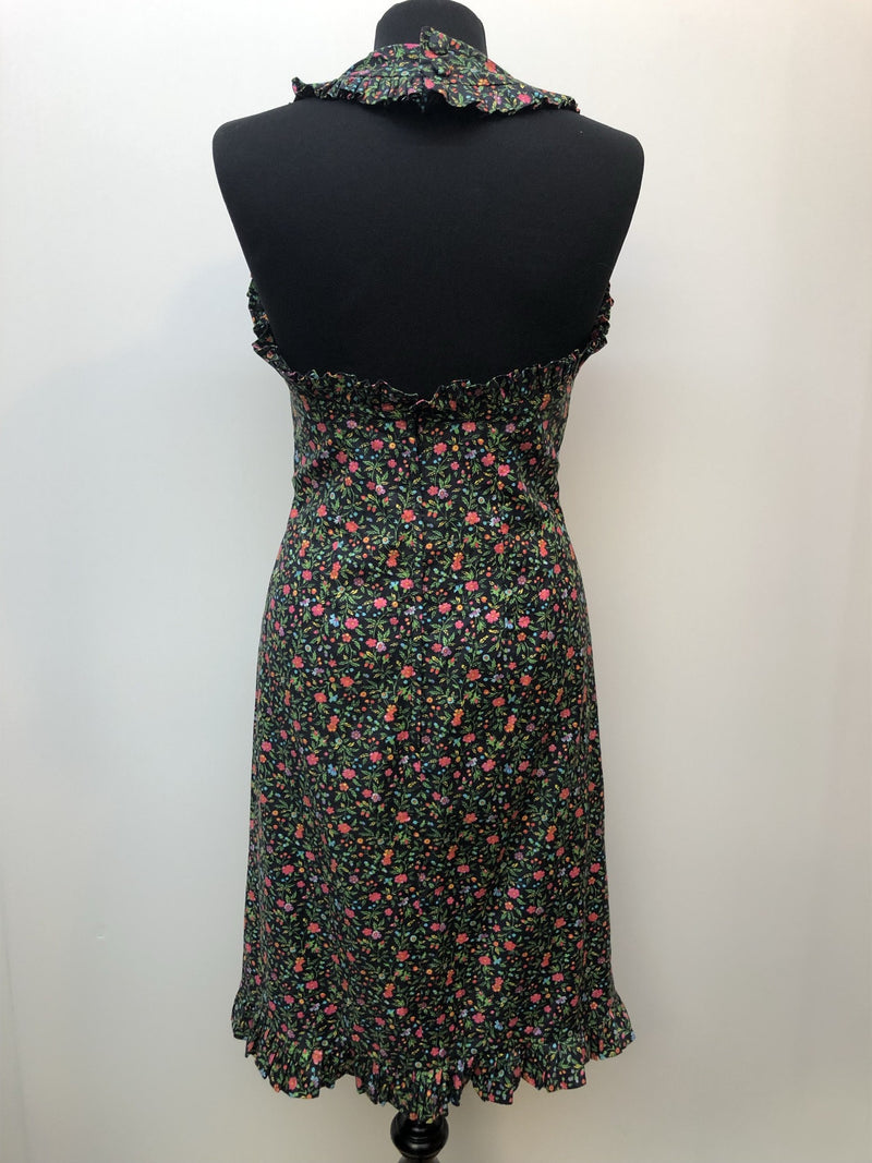 womens  vintage  Urban Village Vintage  urban village  summer dress  summer  Sportaville  NOS  New old stock  multi  midi dress  halter dress  frill trim  floral dress  dress  deadstock  black  8  70s
