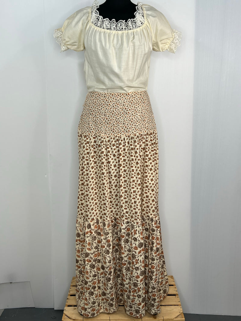 10  womens  white  vintage  Urban Village Vintage  summer dress  summer  puff sleeves  puff sleeve  maxi dress  maxi  long dress  floral print  cream  Cotton  brown floral  brown  70s  1970s