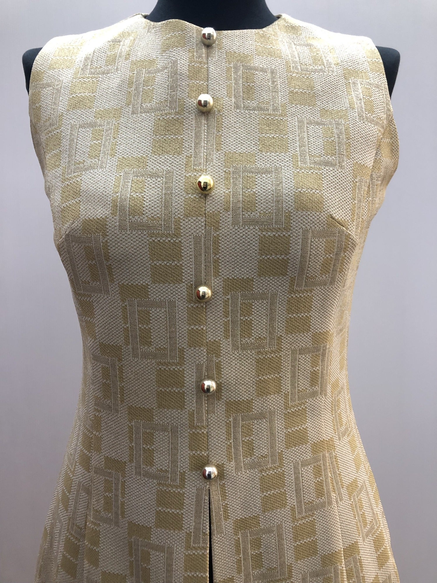 womens  vintage  Urban Village Vintage  urban village  tunic top  top  square print  MOD  metallic  gold metallic  Frederick Howard  decorative buttons  beige  60s  1960s  10
