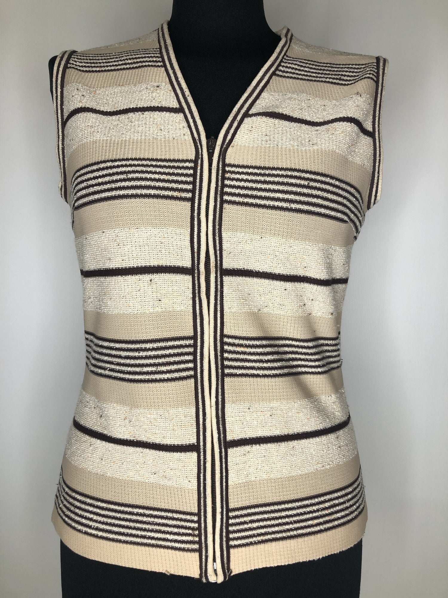 zip front  womens  waistcoat  vintage  Vest  tunic top  tunic  top  Tank Top  Stripes  light knitwear  Ladies Pride  knitwear  knitted  Kintwear  hippy  brown  boho  bohemian  70s  1970s  10