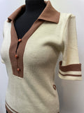 womens  white  vintage  Urban Village Vintage  urban village  top  Stripes  striped  stripe  retro  polo top  polo  light knitwear  light knit  knitwear  knitted  knit  fine knit  duke  collared  collar  button front  button  brown  big collar  70s  1970s  10