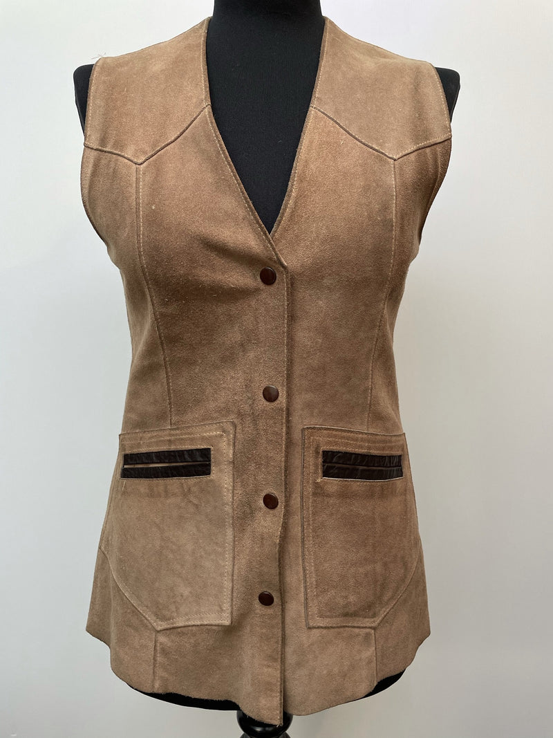womens  waistcoat  vintage  Urban Village Vintage  urban village  Suede Jacket  Suede  stitch detailing  stitch detail  sleevless  sand  retro  red  press stud fastening  light brown  Leather  Jacket  faux suede  decorative pockets  decorative buttons  brown  8  70s  60s  1970s  1960s
