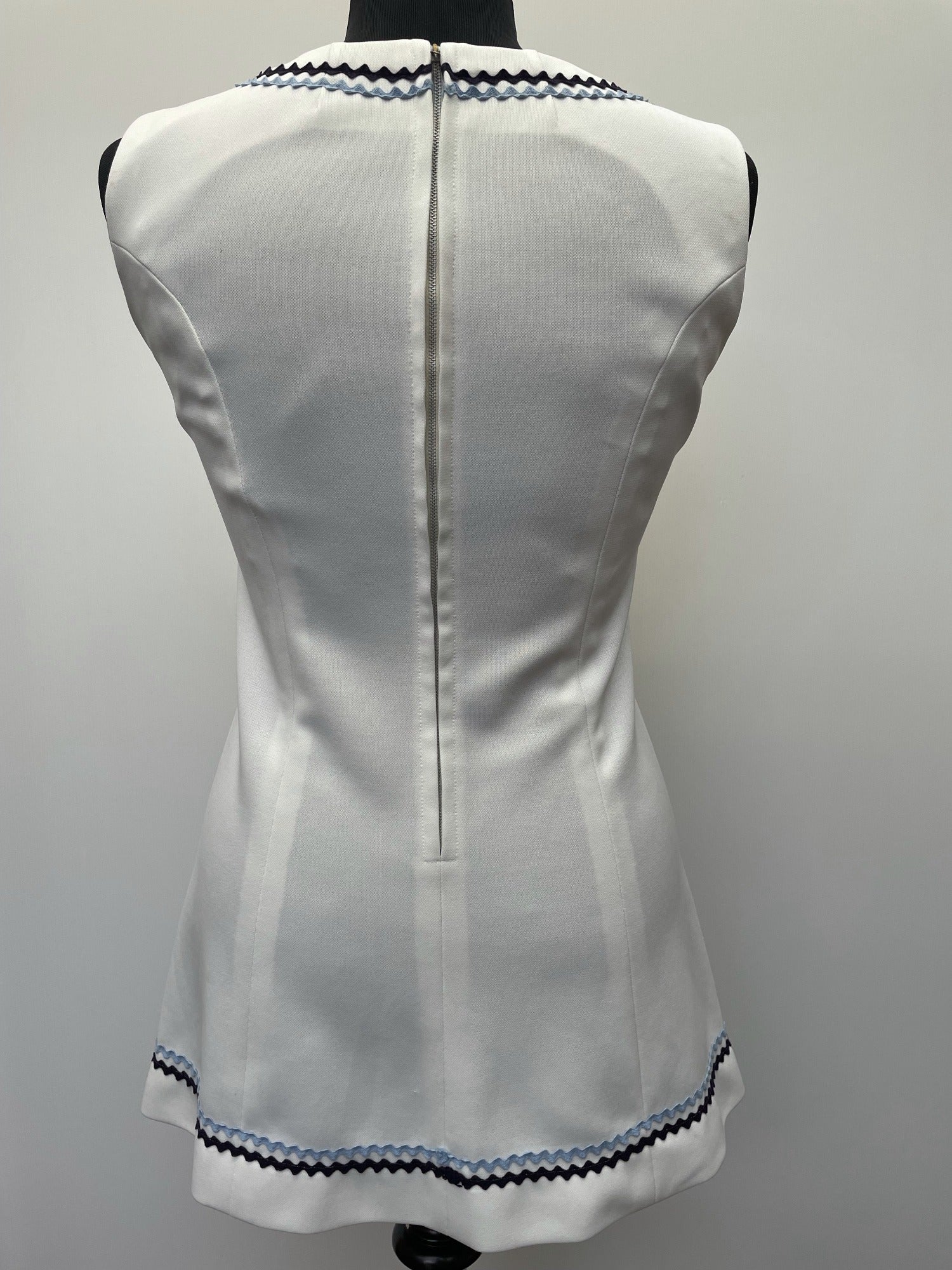 zip back  zip  womens  white  waist belt  vintage  Urban Village Vintage  urban village  tennis  Stripes  stitch detailing  stitch detail  squiggle  sportswear  sleeveless  MOD  mini dress  mini  dress  8  60s  1960s