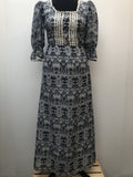 womens  white  vintage  Urban Village Vintage  summer dress  printed dress  pleat detail  maxi dress  long dress  ethnic print  decorative buttons  crochet trim  blue  8  70s  1970s