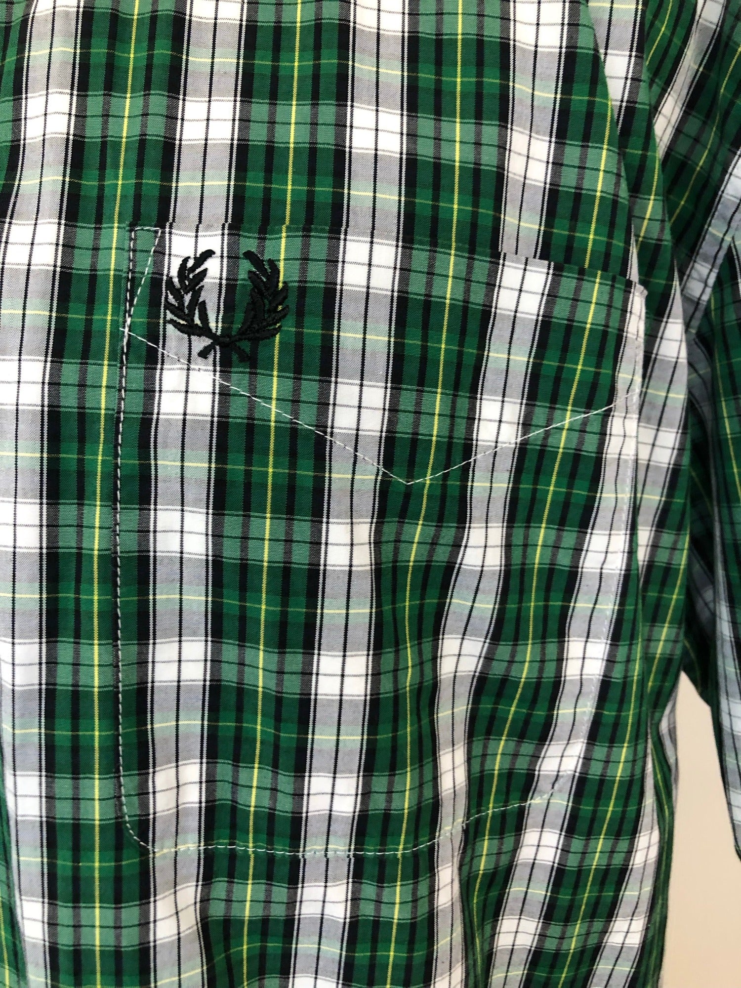 xxl  Urban Village Vintage  short sleeve  retro  MOD  mens  Green  Fred Perry  fred  embroidered logo  Embroidered  collar  checkered  checked  button down collar  button down