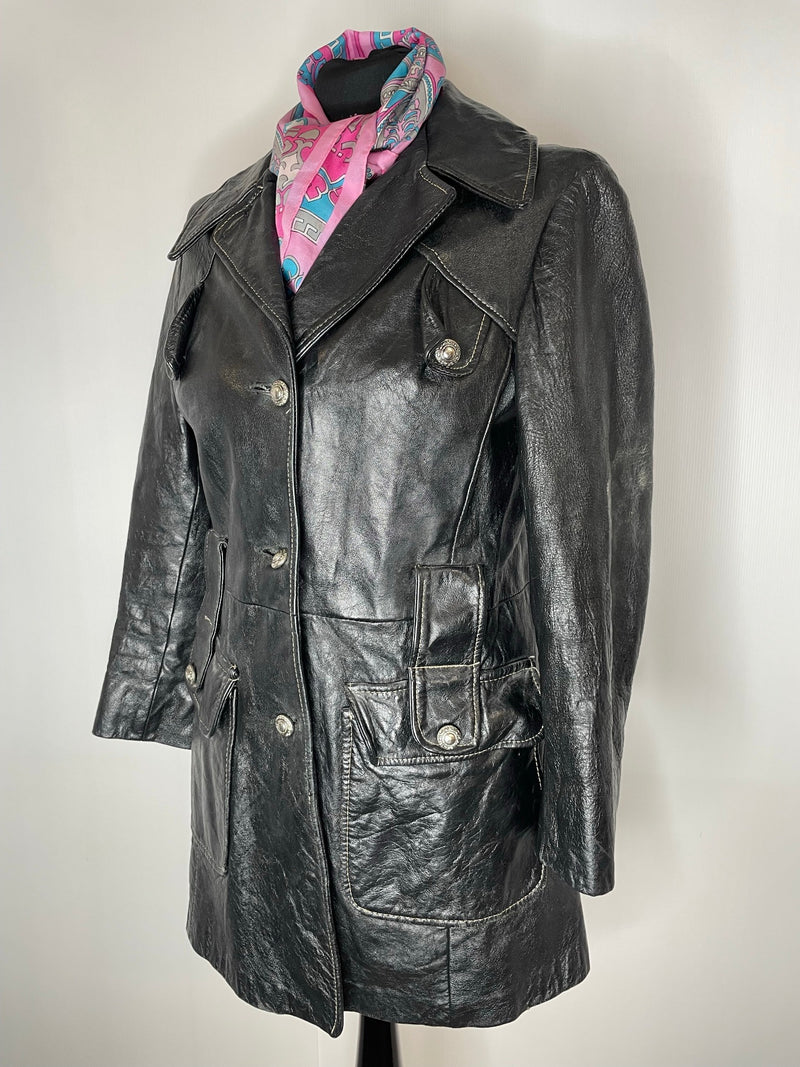 womens jacket  womens coat  womens  vintage  urban village  soft leather  small  pockets  Leather Jacket  Leather  large collar  Jacket  button down  button  Black Leather  Black Jacket  black  Belted waist  belted jacket  8  70s  70  1970s