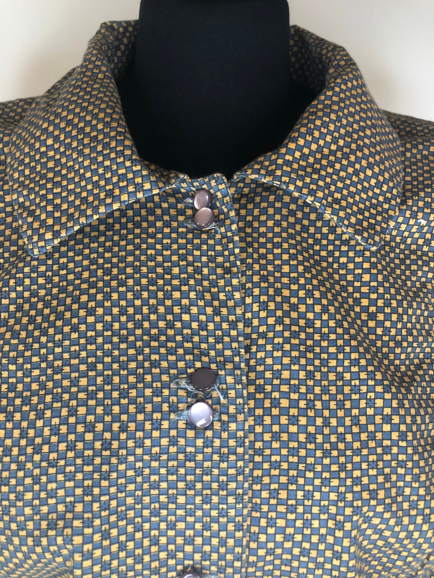 yellow  womens shirt  womens  vintage  Urban Village Vintage  urban village  summer  square print  Shirt  fitted  evening blouse  collar  blue  blouse  70s  70  1970s