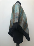 Wool  vintage  Urban Village Vintage  tartan  Strathay Originals  short  S  poncho  cape  button detail  blue  black fringing  60s  1960s