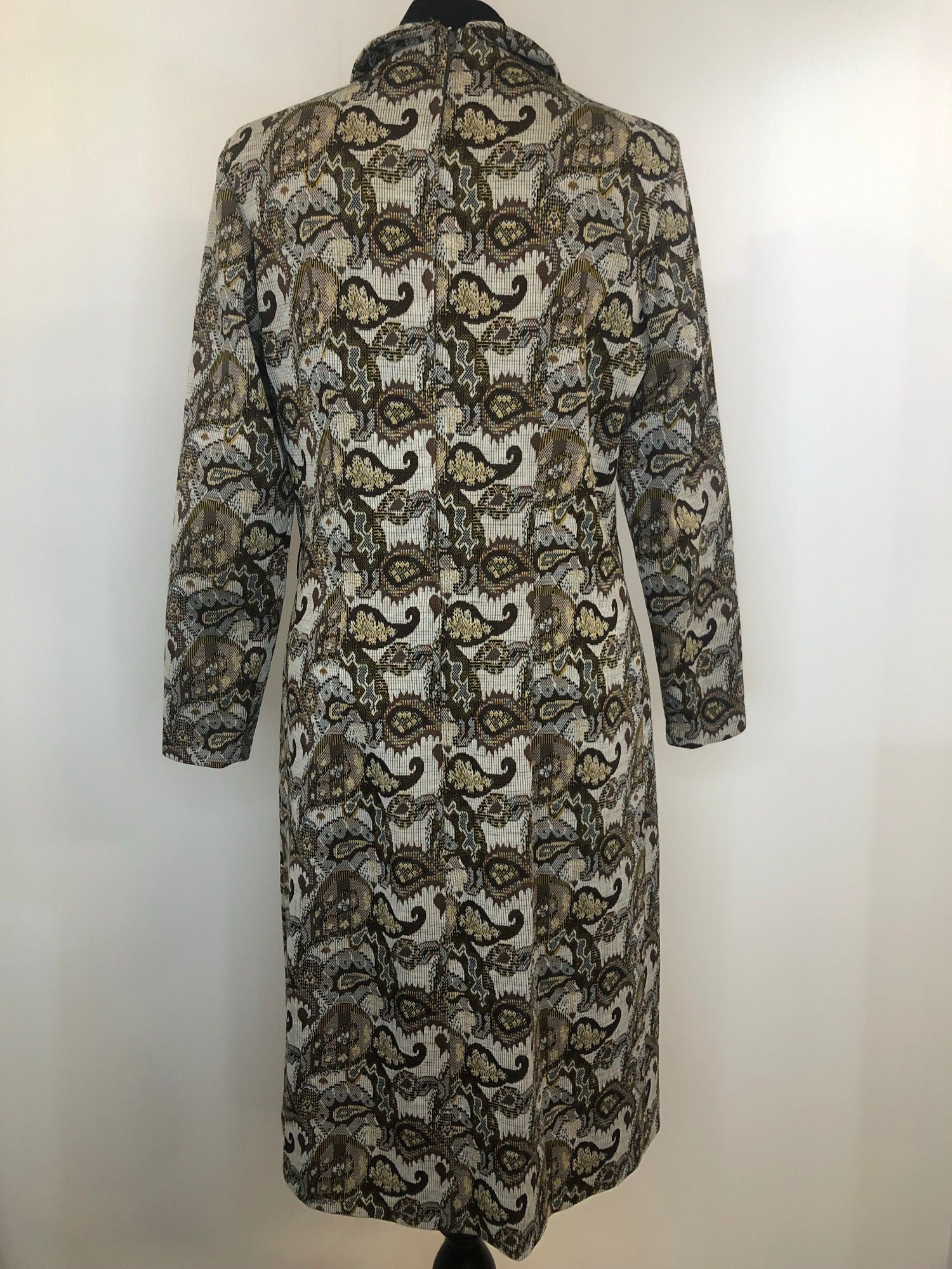 womens  vintage  retro  print dress  MOD  high neck  fully lined  faux leather trim  dress  collar  checkered  check  brown  beige  60s  1960s  12
