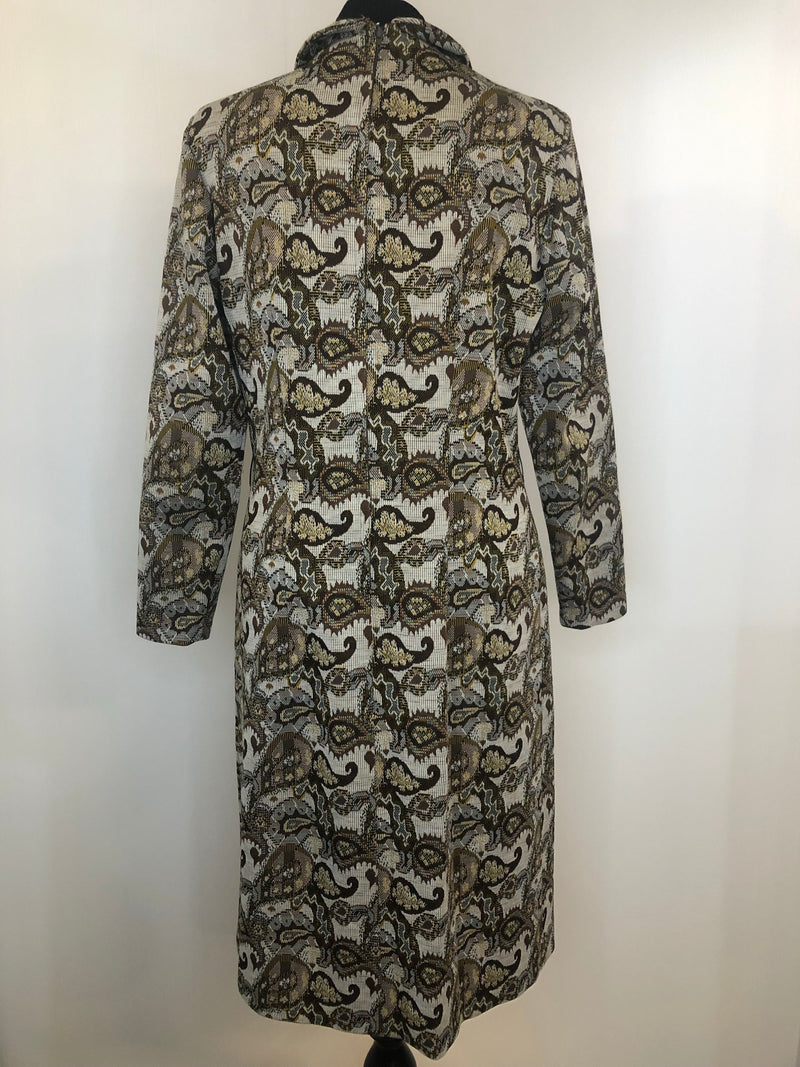 womens  vintage  retro  print dress  MOD  high neck  fully lined  faux leather trim  dress  collar  checkered  check  brown  beige  60s  1960s  12
