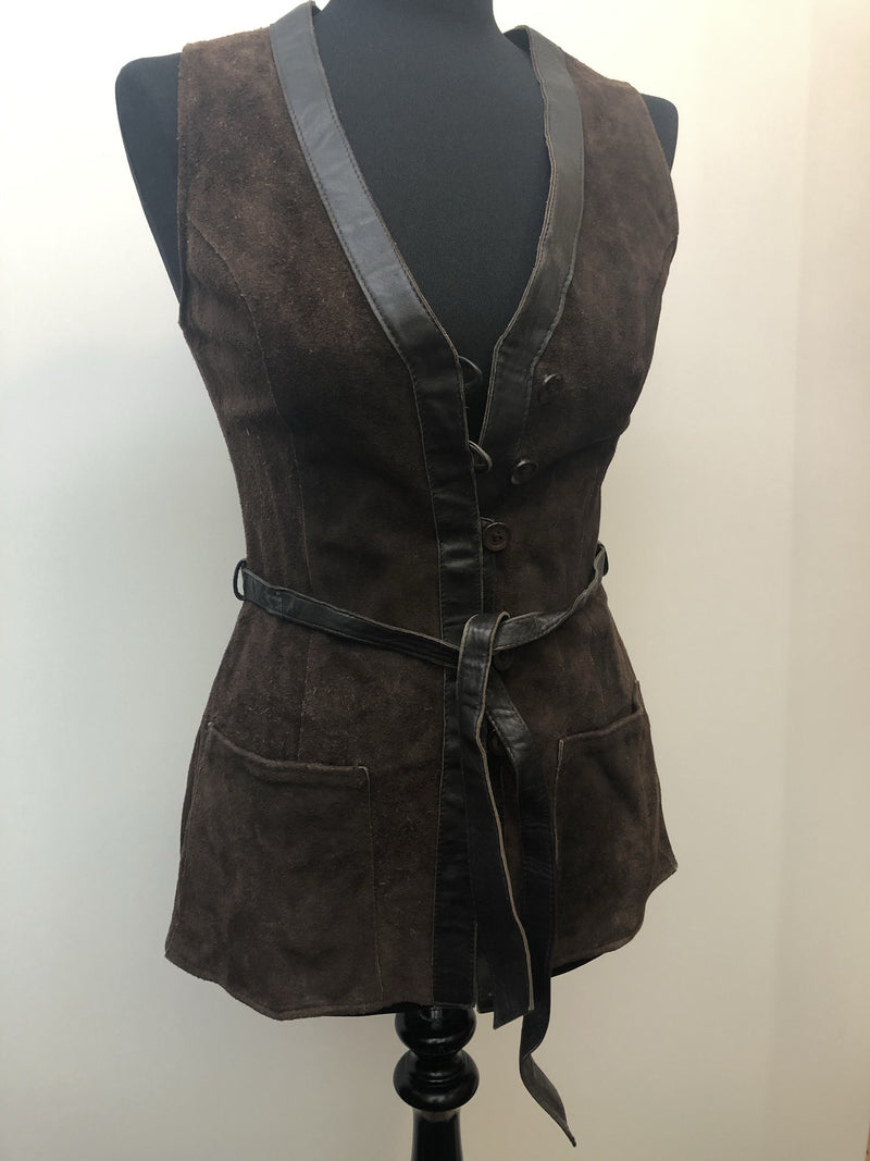 womens jacket  womens coat  womens  waistcoat  vintage  vest  Urban Village Vintage  summer  Suede Jacket  Suede  Leather trim  Jacket  dark brown  button fastening  brown  8  70  1970s