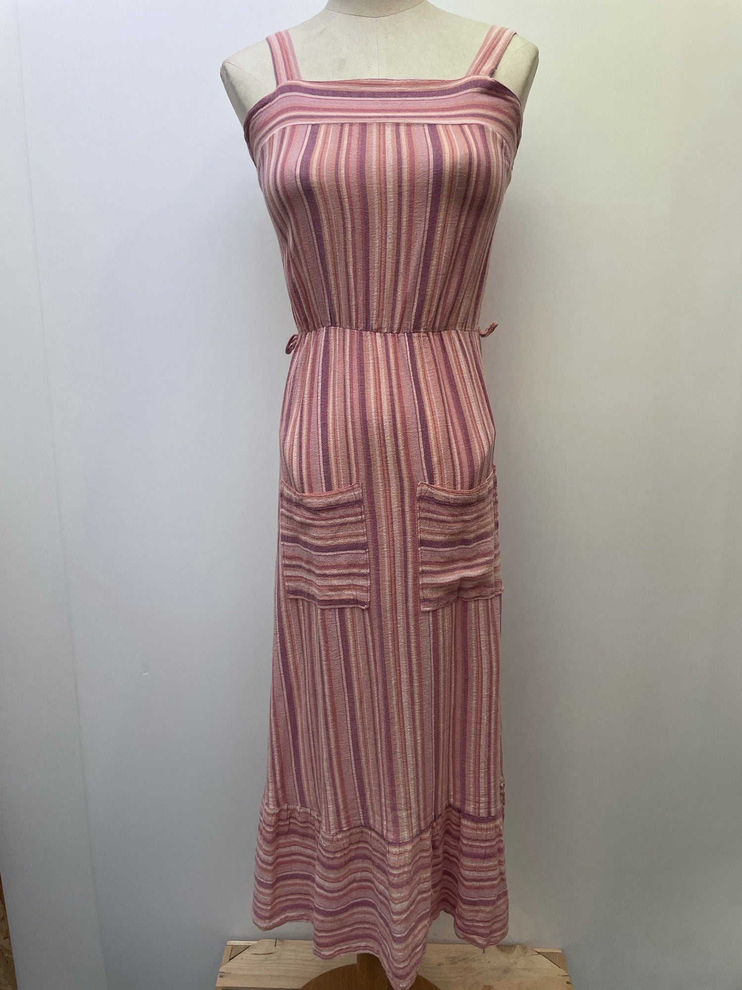 womens  waist belt  vintage  Urban Village Vintage  urban village  summer dress  summer  stripey  Stripes  striped dress  striped  stripe  straps  sleeveless  shoulder straps  ribbed design  Ribbed  retro  pockets  pocket detail  pink  midi dress  midi  front pockets  elasticated  dress  belted dress  70s  6  1970s