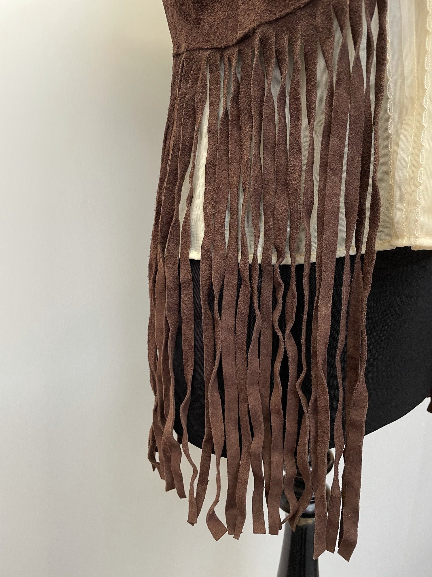 womens  vintage  Urban Village Vintage  urban village  Suede Jacket  suede fringing  Suede  stitch detailing  stitch detail  sleevless  retro  Jacket  fringing  fringed  fringe  dark brown  coat  brown stitch  brown  70s  6  1970s