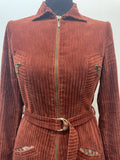 zip  womens  waist belt  vintage  Stripes  rust  pockets  midi dress  midi  long sleeve  eugene record  dress  corduroy  cords  corded  cord  collared dress  collared  collar dress  collar  chest pockets  belted dress  70s  1970s  12