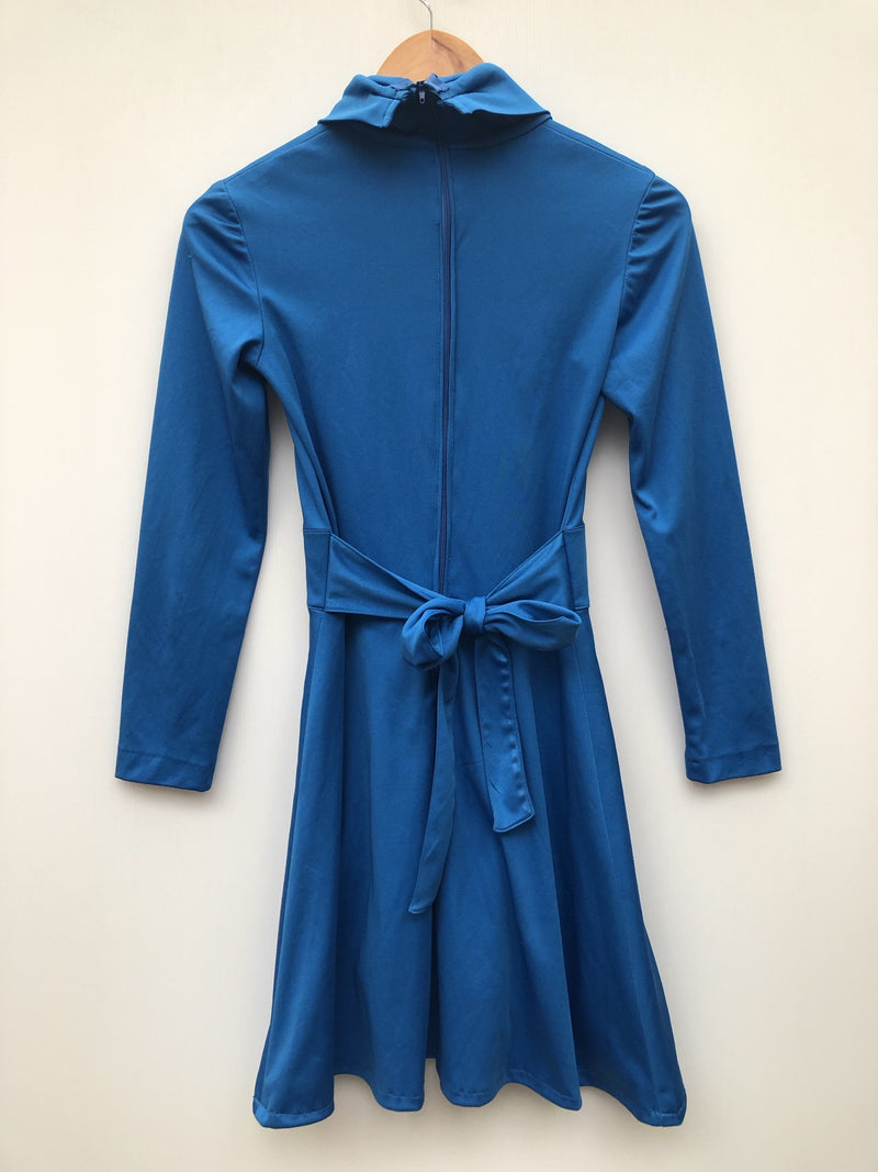 womens  waist tie belt  Urban Village Vintage  roll neck  plunge neck  mini dress  long sleeves  long sleeve  high neck  floral dress  evening dress  dress  blue  Betty Barclay  8  70s  1970s