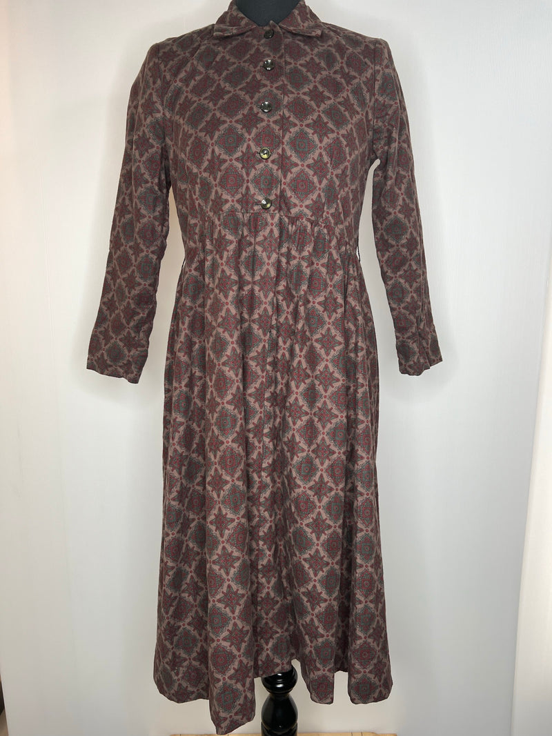 womens  vintage  retro  midi dress  midi  long sleeve  high neck  dress  diamond print  dark brown  button up  button  brown  70s  1970s  10